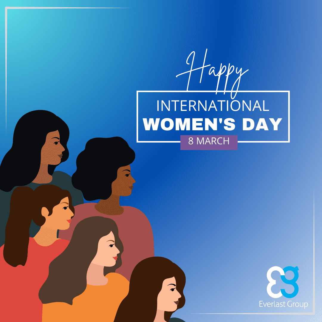 Illustration of diverse women, including Women in Construction, with Happy International Women's Day, 8 March and Everlast Group text on a blue background. Celebrate IWD 2025!.
