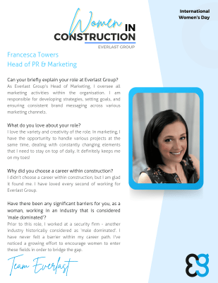 A smiling woman in a pink top is shown next to a text interview about her role in construction marketing at Everlast Group, highlighting the achievements of women in construction.