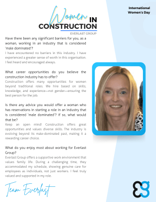 A smiling woman with blonde hair in a white shirt, featured in an interview about women in construction, shares her experience at Everlast Group ahead of IWD 2025.