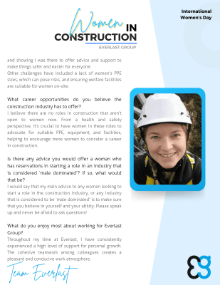 A smiling woman in a white hard hat is featured on an Everlast Group Women in Construction promotional poster celebrating IWD 2025.