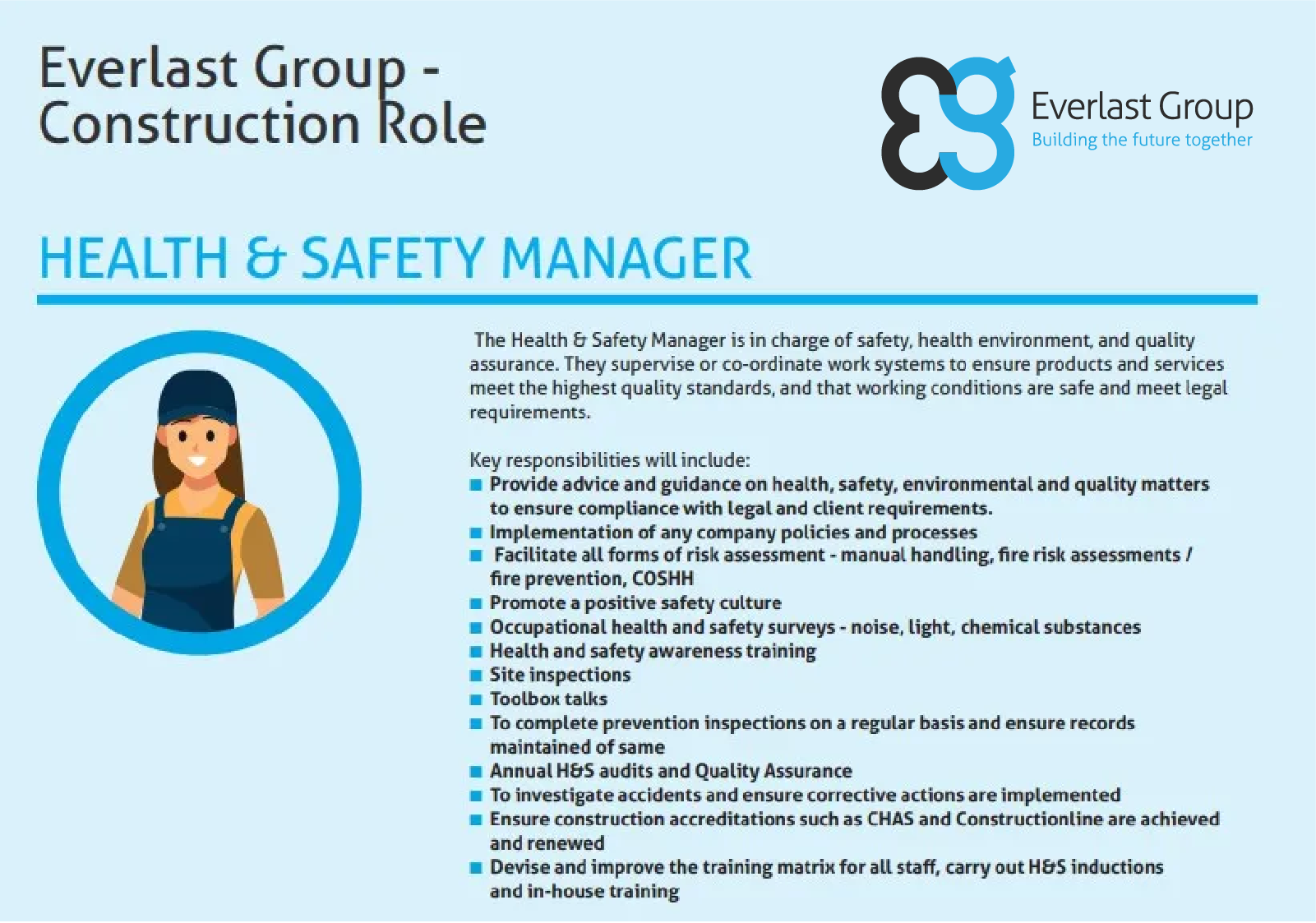 Infographic describing the role and duties of a Health & Safety Manager at Everlast Group, with an illustrated worker.