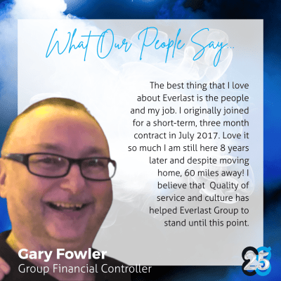 Smiling man with glasses shares a testimonial about workplace satisfaction, featured in Everlast Voices to celebrate the 25 Years anniversary of Everlast Group.