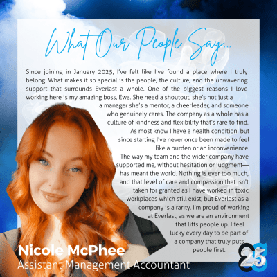 Woman with long red hair smiling, text overlay shares her positive testimonial about working at Everlast, celebrating 25 Years of inspiring stories through Everlast Voices.
