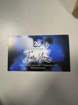 A blue and black card marks 25 years of Everlast Group with #EverlastTurns25.