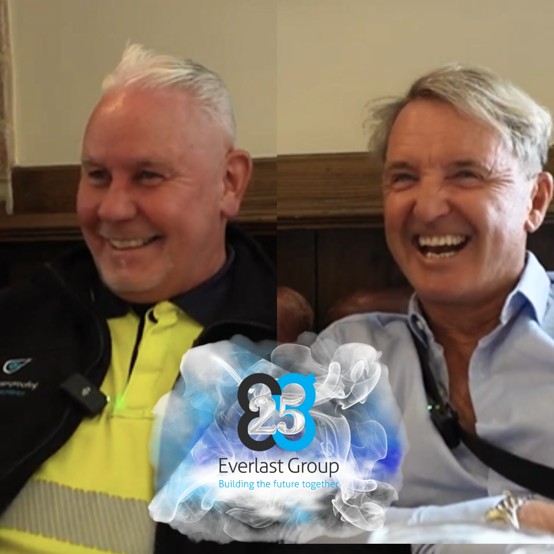 Two smiling men sit together, with the Everlast EG 25 Spotlight logo at the bottom centre. Terry Deighton and Steve Jenks Everlast Group