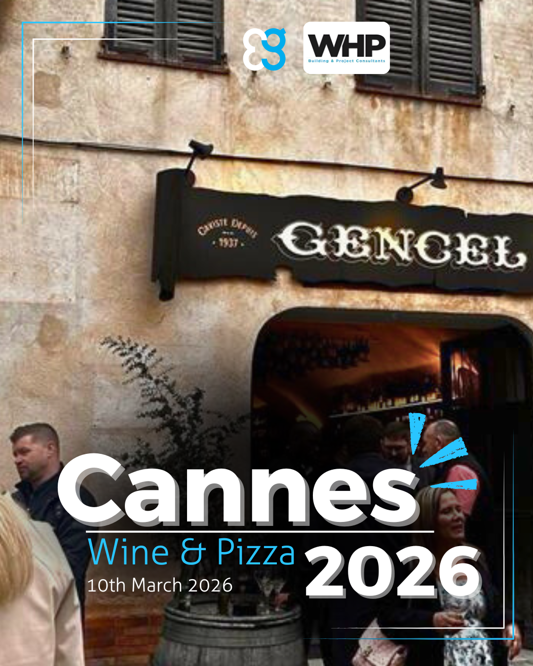 Guests mingle outside a rustic Cannes pizza spot at the Wine & Pizza 2026 event. MIPIM Week.