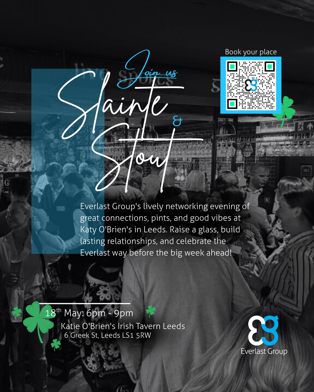 A lively crowd of property professionals networking in an Irish pub with shamrock decorations. Everlast Group Slainte & Stout Networking, Pre-UKREiiF