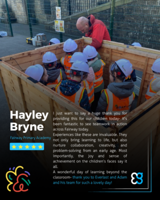 A group of children in hard hats and vests explores construction networking Leeds with an adult guide.